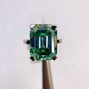 Emerald Cut Moissanite Ring Vivid Blue Green Cocktail Wedding Ring 10 Ct